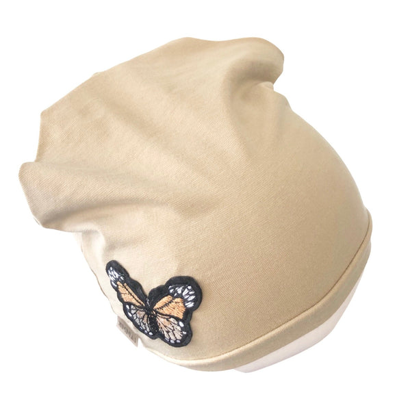 Beige Stretchy Spring Beanie Hat with Butterfly
