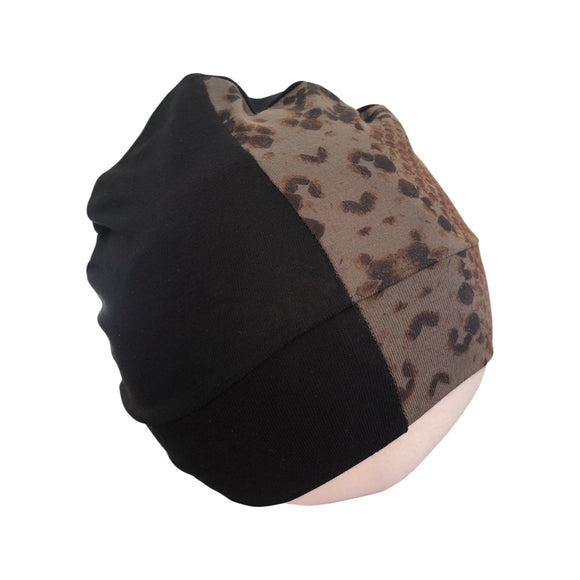 Black Cotton Beanie Cap with Snake Print Detail