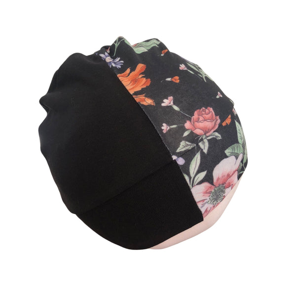 Black Floral Cotton Beanie Cap for Women 